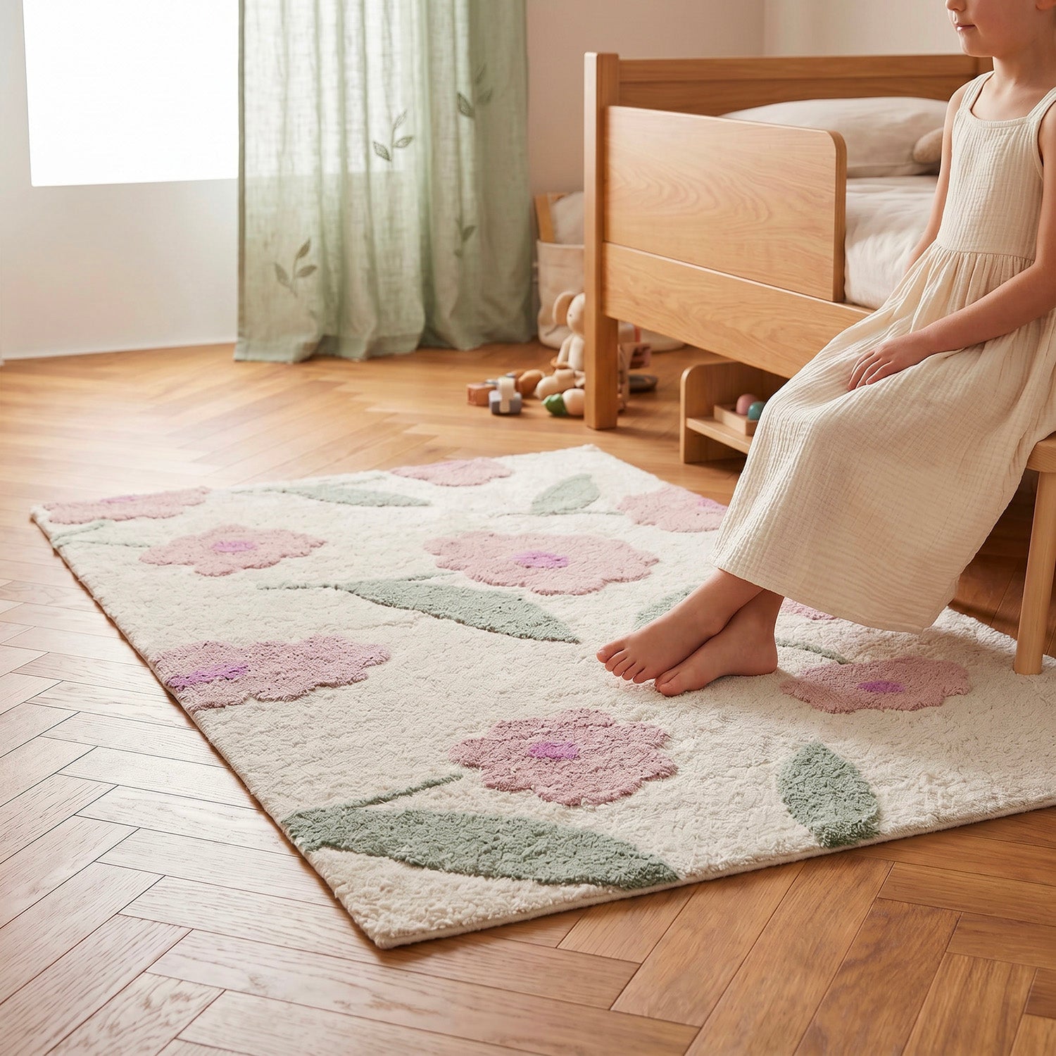nattiot-sunny-flowers-rose-tapis-enfant-100x150-cm-coton-fleurs image 2