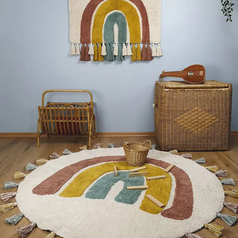 nattiot-rainbow-tapis-enfant-rond-coton-lavable-arc-en-ciel-pompons image 2